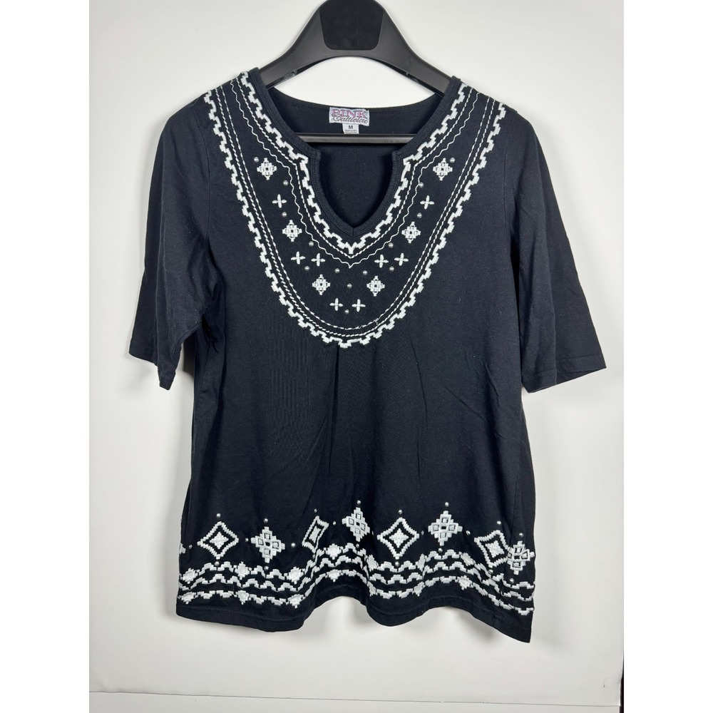 Pink Cattlelac‎ Blouse Top Womens Medium Black Embroidered V Neck Studded Cotton